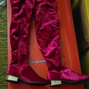 Red Over the Knee Boots with Velvet Material and Slip-On Style